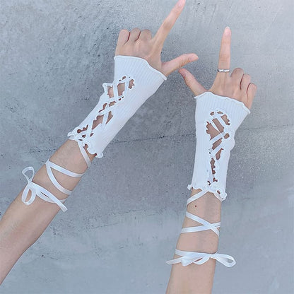 Ribbon Lace-Up Fingerless Gloves