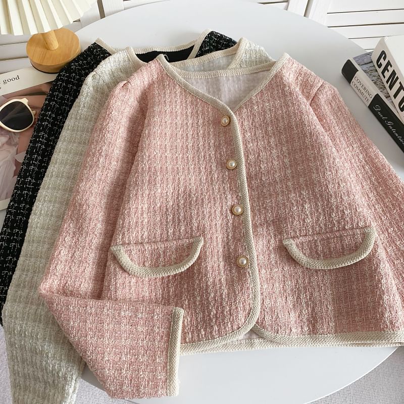 V-Neck Tweed Faux Pearl Buttoned Crop Jacket