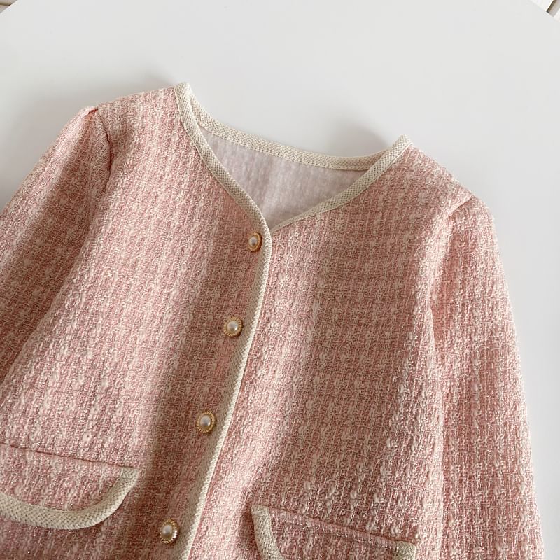 V-Neck Tweed Faux Pearl Buttoned Crop Jacket