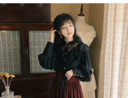 Band Collar Plain Lace Panel Blouse / High Waist Midi A-Line Skirt / Set