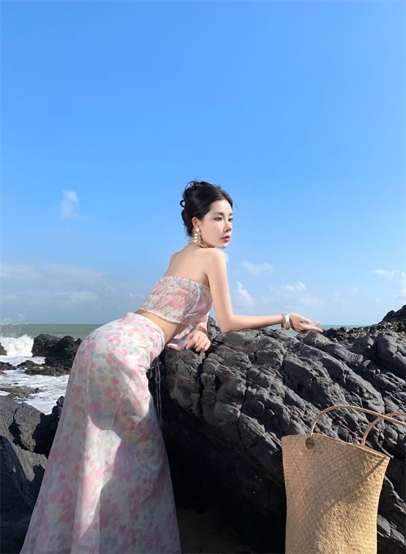 Set: Halter Neck Floral Print Smocked Crop Top + High Waist Maxi Mermaid Skirt