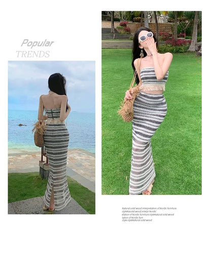 Set: Striped Fringed Crop Tube Top + High Waist Slit Maxi Pencil Skirt