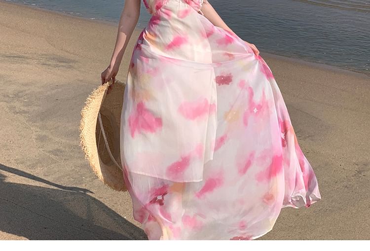 Halter Neck Tie Dye Floral Accent Cutout Open Back Maxi A