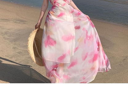 Halter Neck Tie Dye Floral Accent Cutout Open Back Maxi A