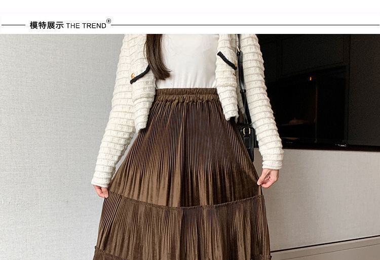 Tiered Velvet Waist A-Line Plain Skirt Midi Elastic