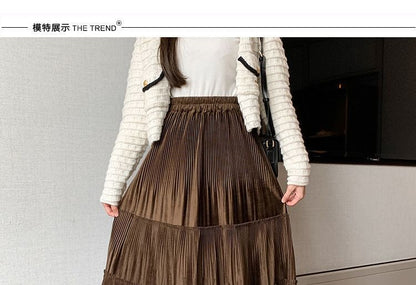 Tiered Velvet Waist A-Line Plain Skirt Midi Elastic