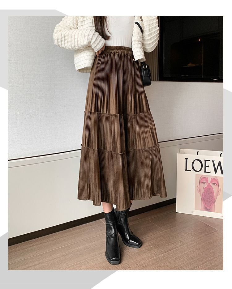 Tiered Velvet Waist A-Line Plain Skirt Midi Elastic