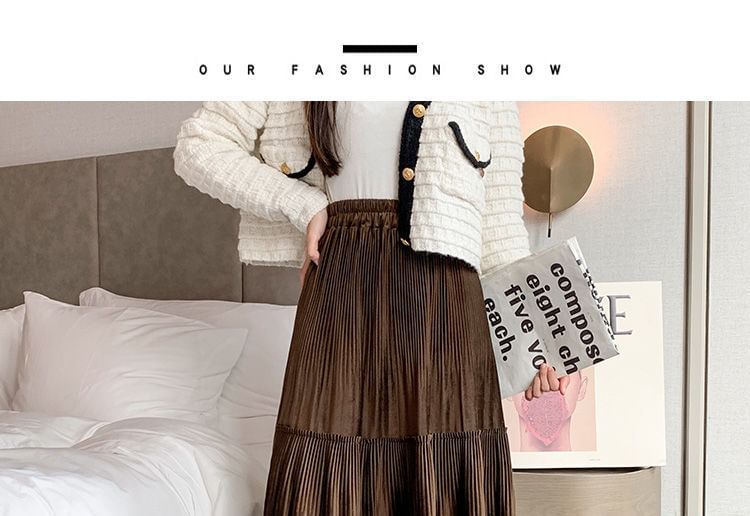 Tiered Velvet Waist A-Line Plain Skirt Midi Elastic