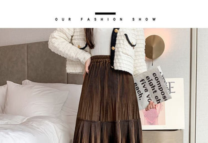 Tiered Velvet Waist A-Line Plain Skirt Midi Elastic