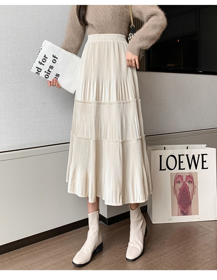 Tiered Velvet Waist A-Line Plain Skirt Midi Elastic