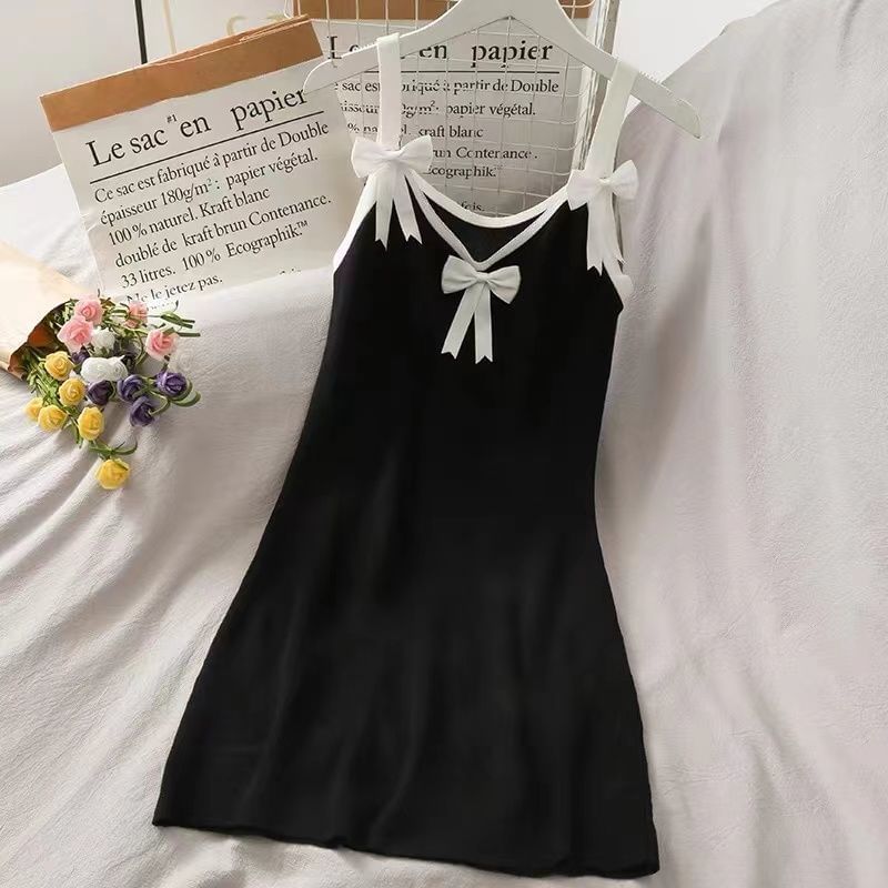 Strap Trim Dress Bow Contrast Mini Spaghetti Bodycon