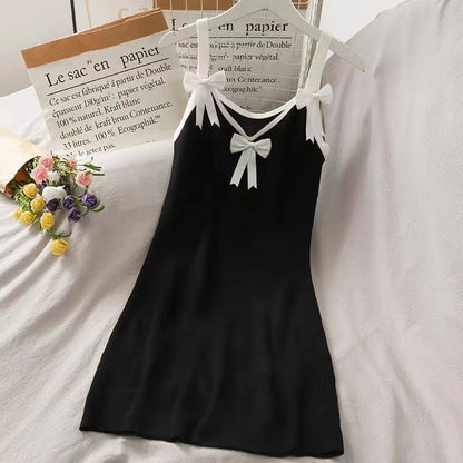 Strap Trim Dress Bow Contrast Mini Spaghetti Bodycon