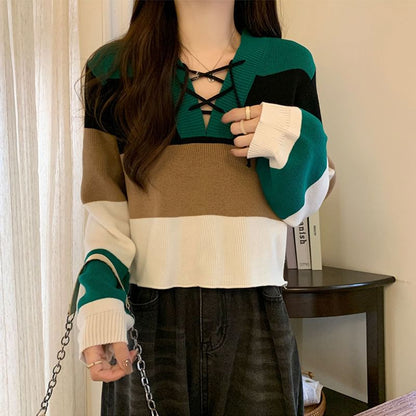 V-Neck Lace-Up Block Sweater Color