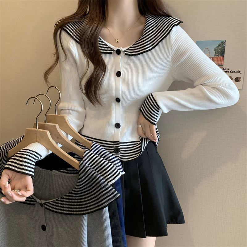 Button Knit Striped Collar Top Panel Ribbed Long-Sleeve