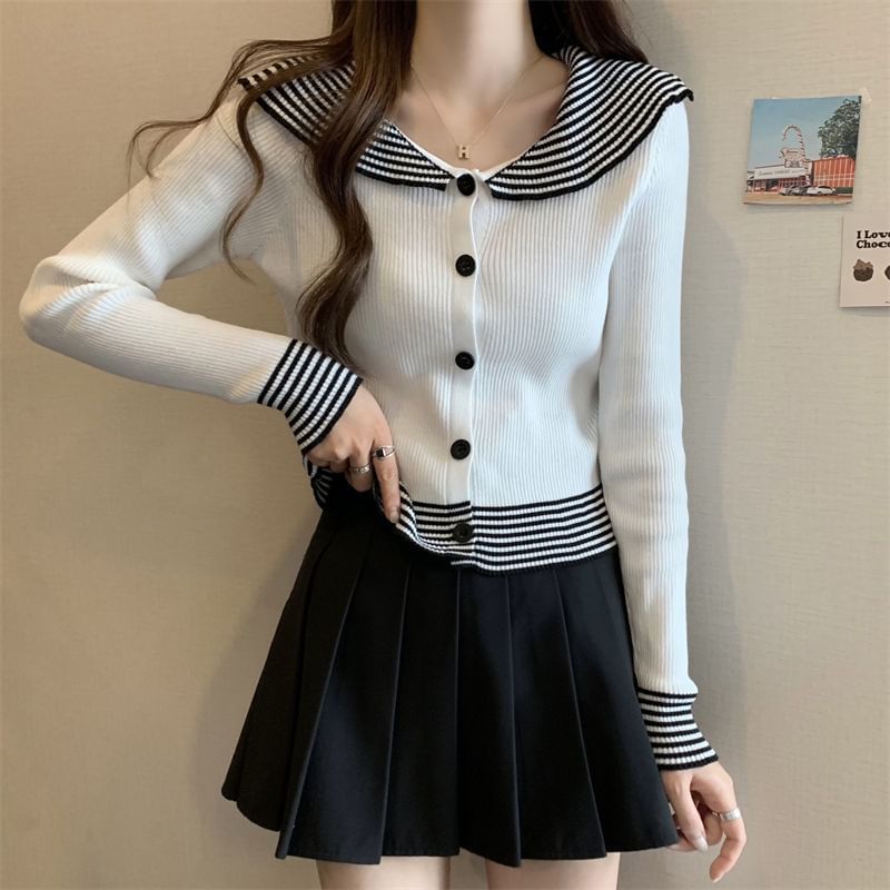 Button Knit Striped Collar Top Panel Ribbed Long-Sleeve