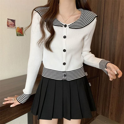 Button Knit Striped Collar Top Panel Ribbed Long-Sleeve