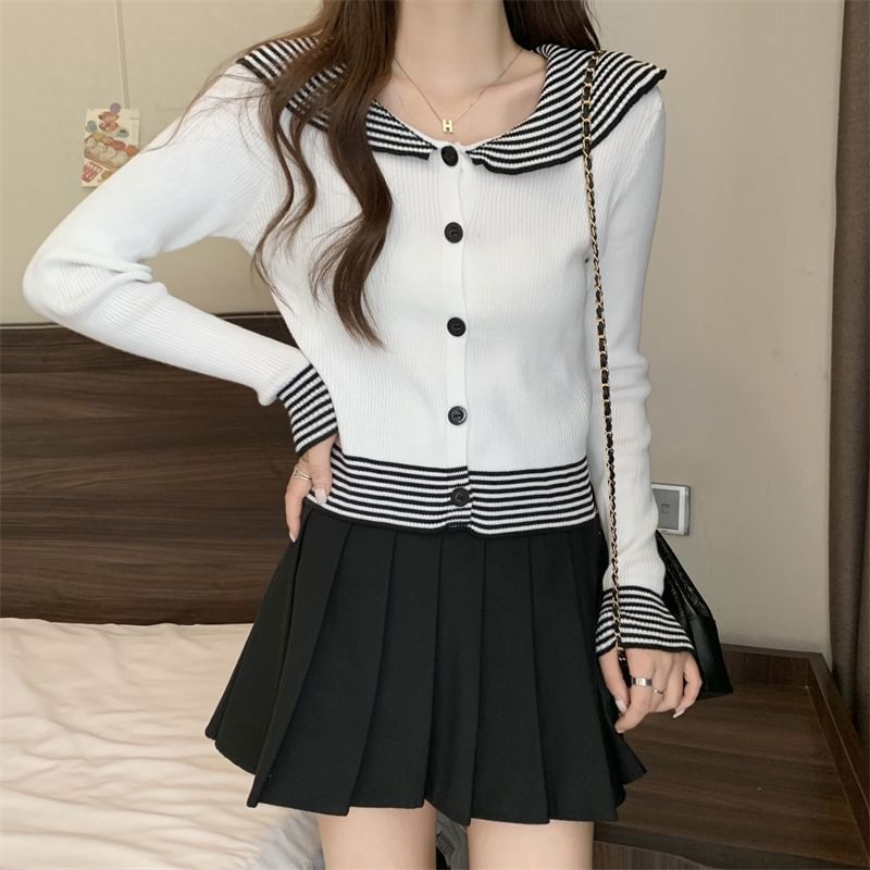 Button Knit Striped Collar Top Panel Ribbed Long-Sleeve