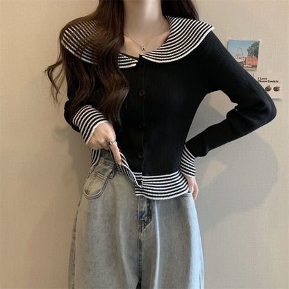 Button Knit Striped Collar Top Panel Ribbed Long-Sleeve