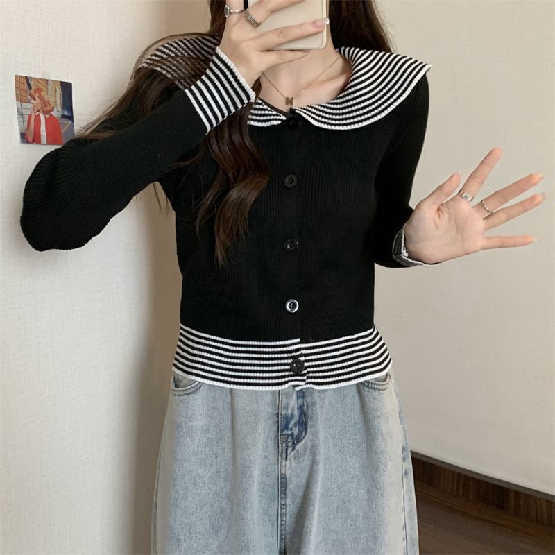 Button Knit Striped Collar Top Panel Ribbed Long-Sleeve