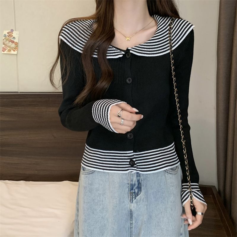 Button Knit Striped Collar Top Panel Ribbed Long-Sleeve