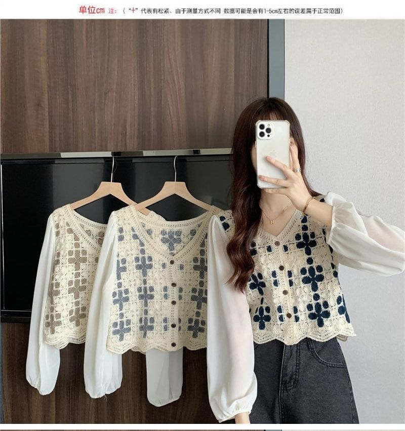 Blouse Knit Panel Crochet Long-Sleeve V-Neck