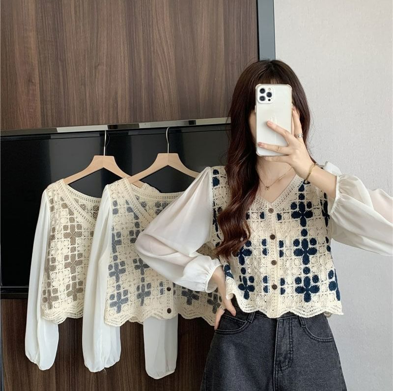 Blouse Knit Panel Crochet Long-Sleeve V-Neck