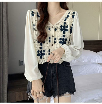 Blouse Knit Panel Crochet Long-Sleeve V-Neck