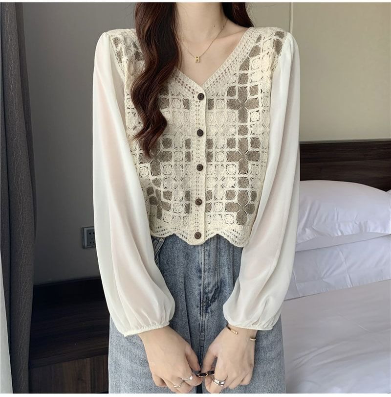 Blouse Knit Panel Crochet Long-Sleeve V-Neck
