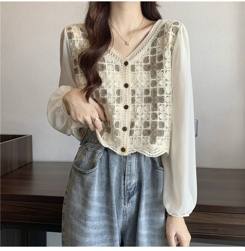 Blouse Knit Panel Crochet Long-Sleeve V-Neck