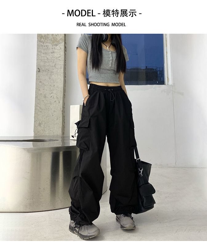 Plain Drawstring Cargo Waist Pants Wide Leg