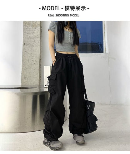 Plain Drawstring Cargo Waist Pants Wide Leg