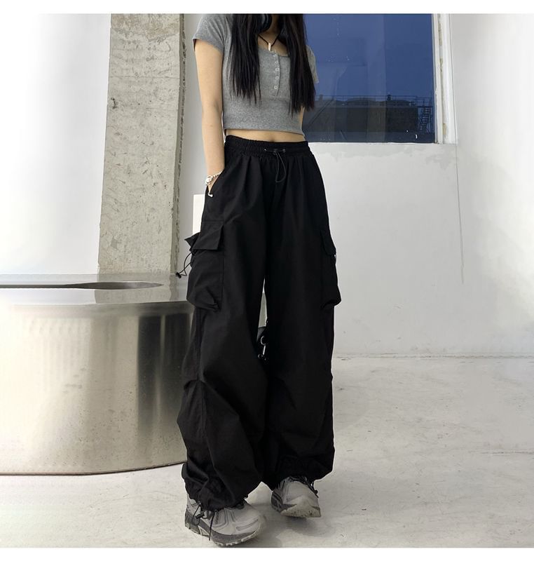 Plain Drawstring Cargo Waist Pants Wide Leg