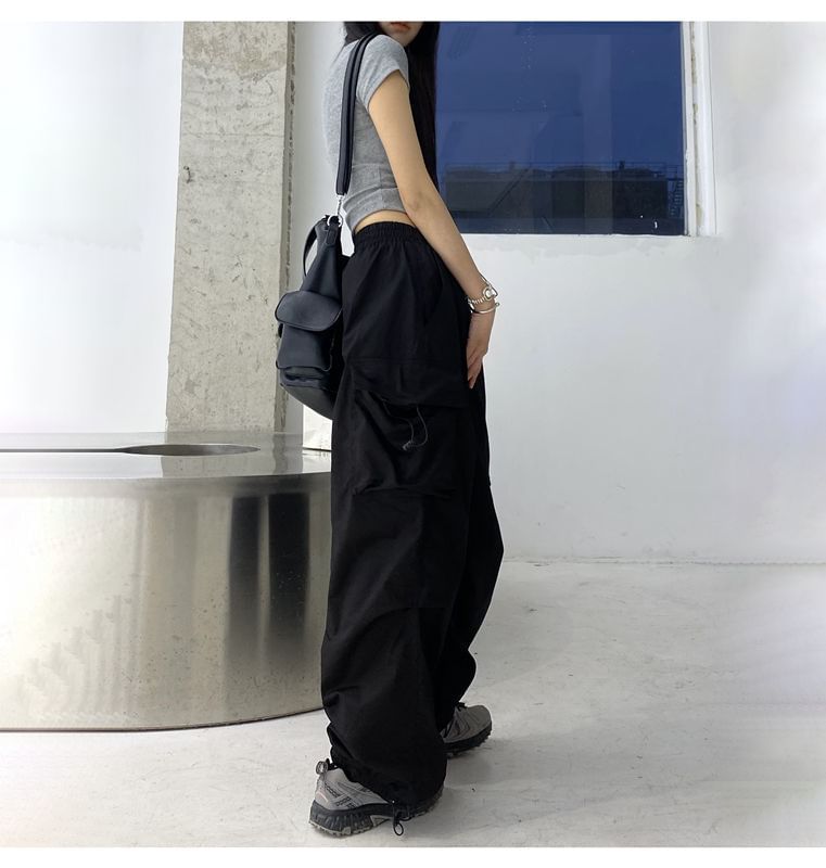 Plain Drawstring Cargo Waist Pants Wide Leg