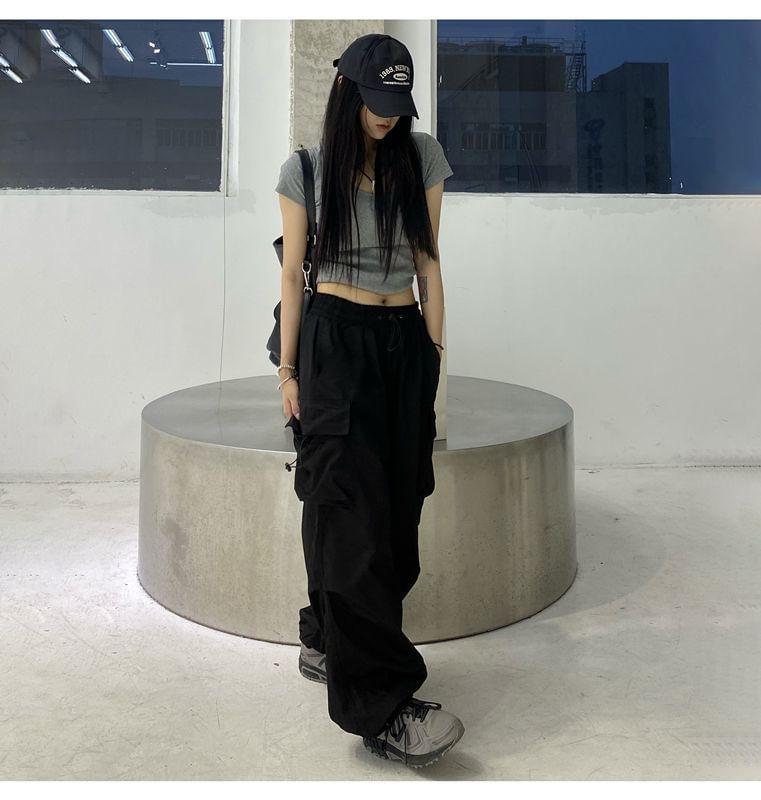 Plain Drawstring Cargo Waist Pants Wide Leg