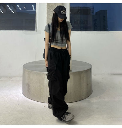 Plain Drawstring Cargo Waist Pants Wide Leg
