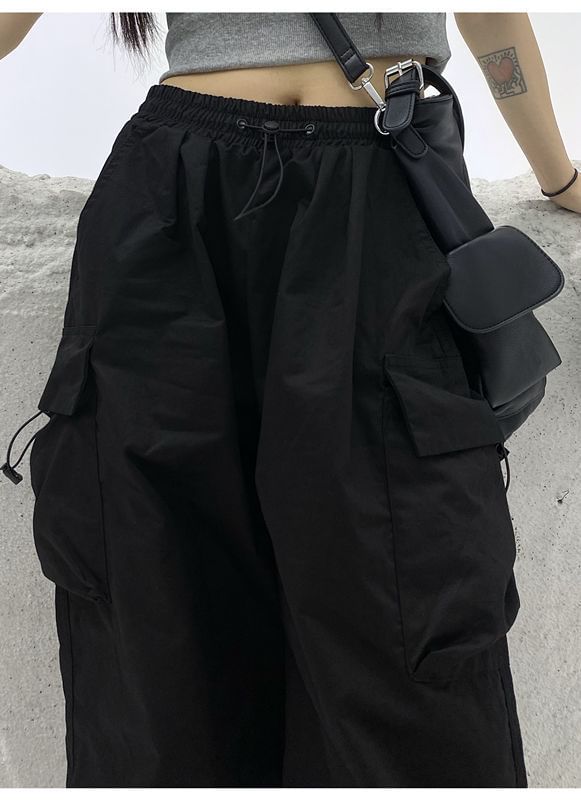 Plain Drawstring Cargo Waist Pants Wide Leg
