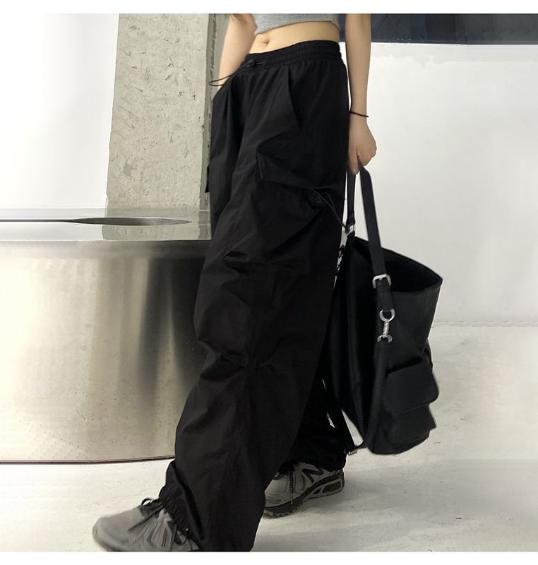 Plain Drawstring Cargo Waist Pants Wide Leg