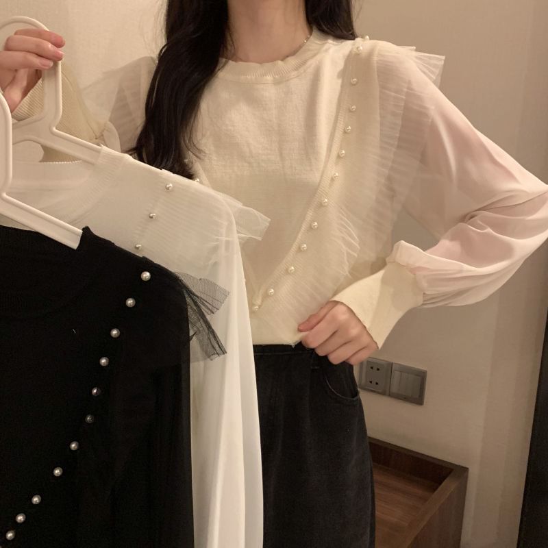 Ruffle Neck Crew Plain Faux Long-Sleeve Pearl Knit Top Trim