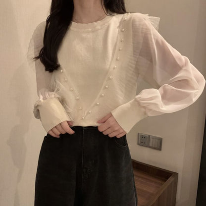 Ruffle Neck Crew Plain Faux Long-Sleeve Pearl Knit Top Trim