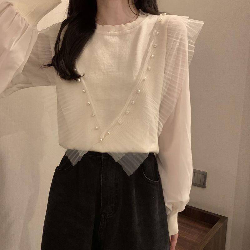 Ruffle Neck Crew Plain Faux Long-Sleeve Pearl Knit Top Trim