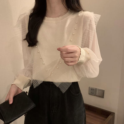 Ruffle Neck Crew Plain Faux Long-Sleeve Pearl Knit Top Trim