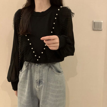 Ruffle Neck Crew Plain Faux Long-Sleeve Pearl Knit Top Trim