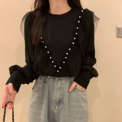 Ruffle Neck Crew Plain Faux Long-Sleeve Pearl Knit Top Trim