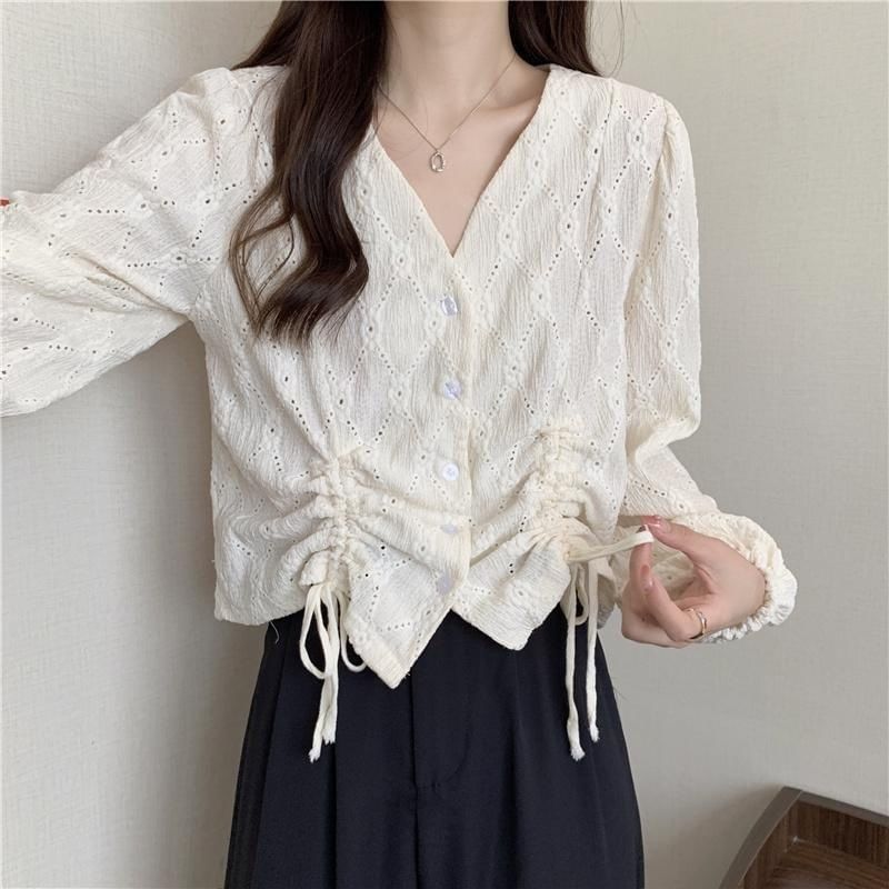 V-Neck Plain Drawstring Long-Sleeve Blouse Eyelet