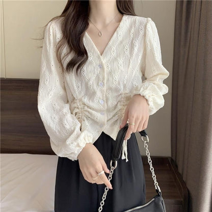 V-Neck Plain Drawstring Long-Sleeve Blouse Eyelet