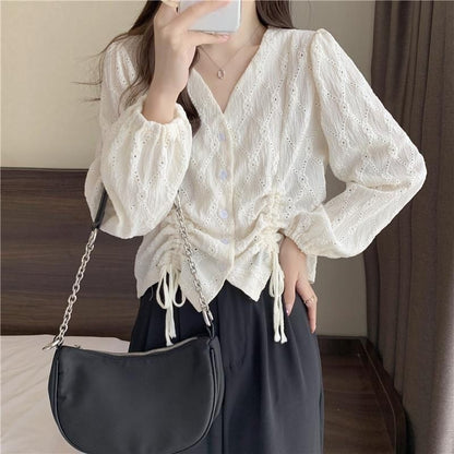 V-Neck Plain Drawstring Long-Sleeve Blouse Eyelet