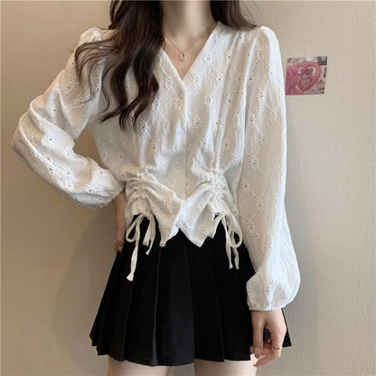 V-Neck Plain Drawstring Long-Sleeve Blouse Eyelet