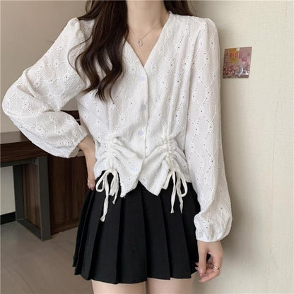 V-Neck Plain Drawstring Long-Sleeve Blouse Eyelet