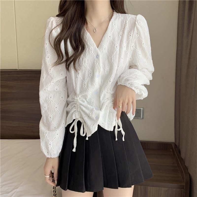 V-Neck Plain Drawstring Long-Sleeve Blouse Eyelet