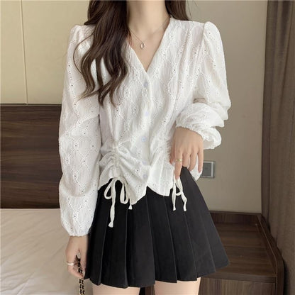V-Neck Plain Drawstring Long-Sleeve Blouse Eyelet